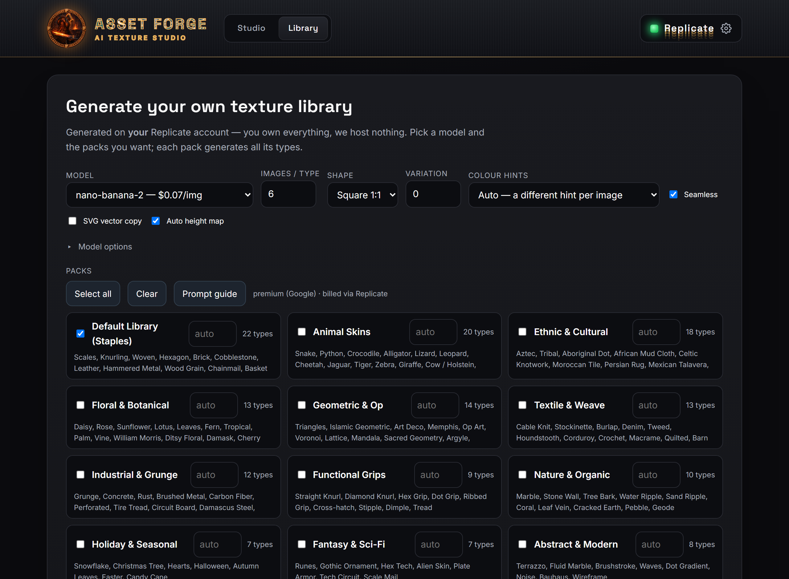 The Library generator — packs with type counts, model, shape, variation and colour hints