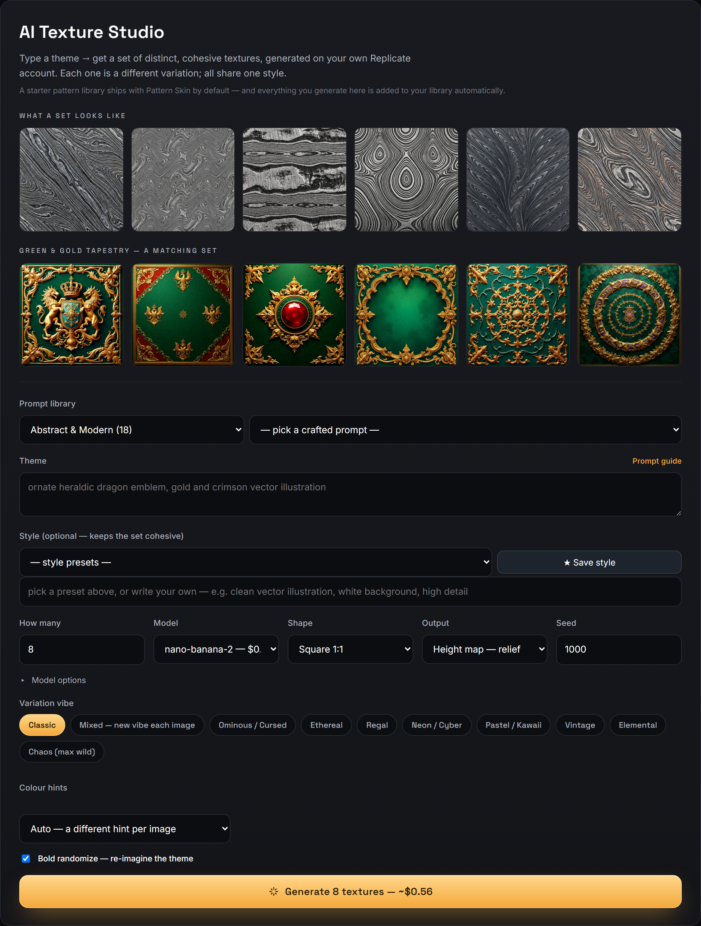The Asset Forge Studio — theme, prompt library, model and price on the Generate button